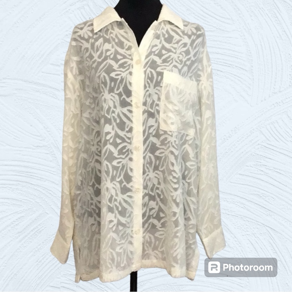 NWT Anne Klein Cream Embroidered Long Sleeve Blouse in Size L‎
